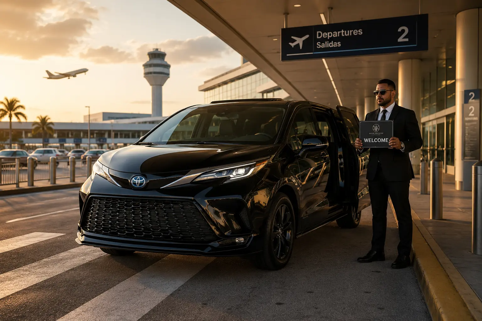 Express Lyft chauffeur waiting with a welcome sign at the airport curb