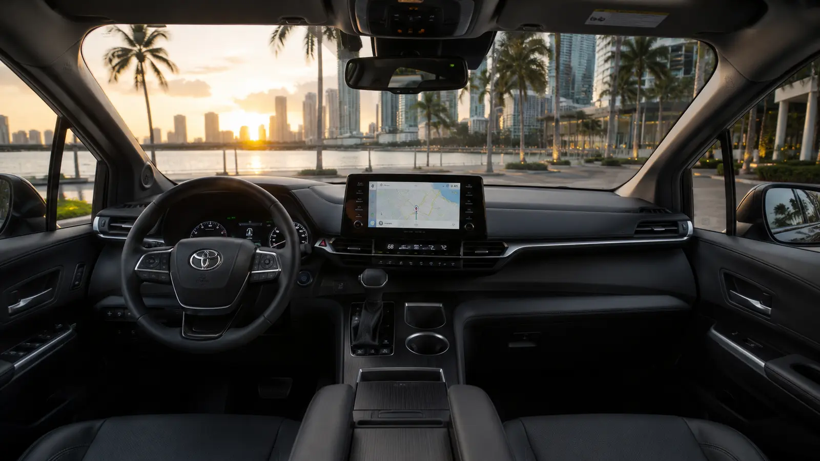 Vehicle interior overlooking the Miami skyline at sunset