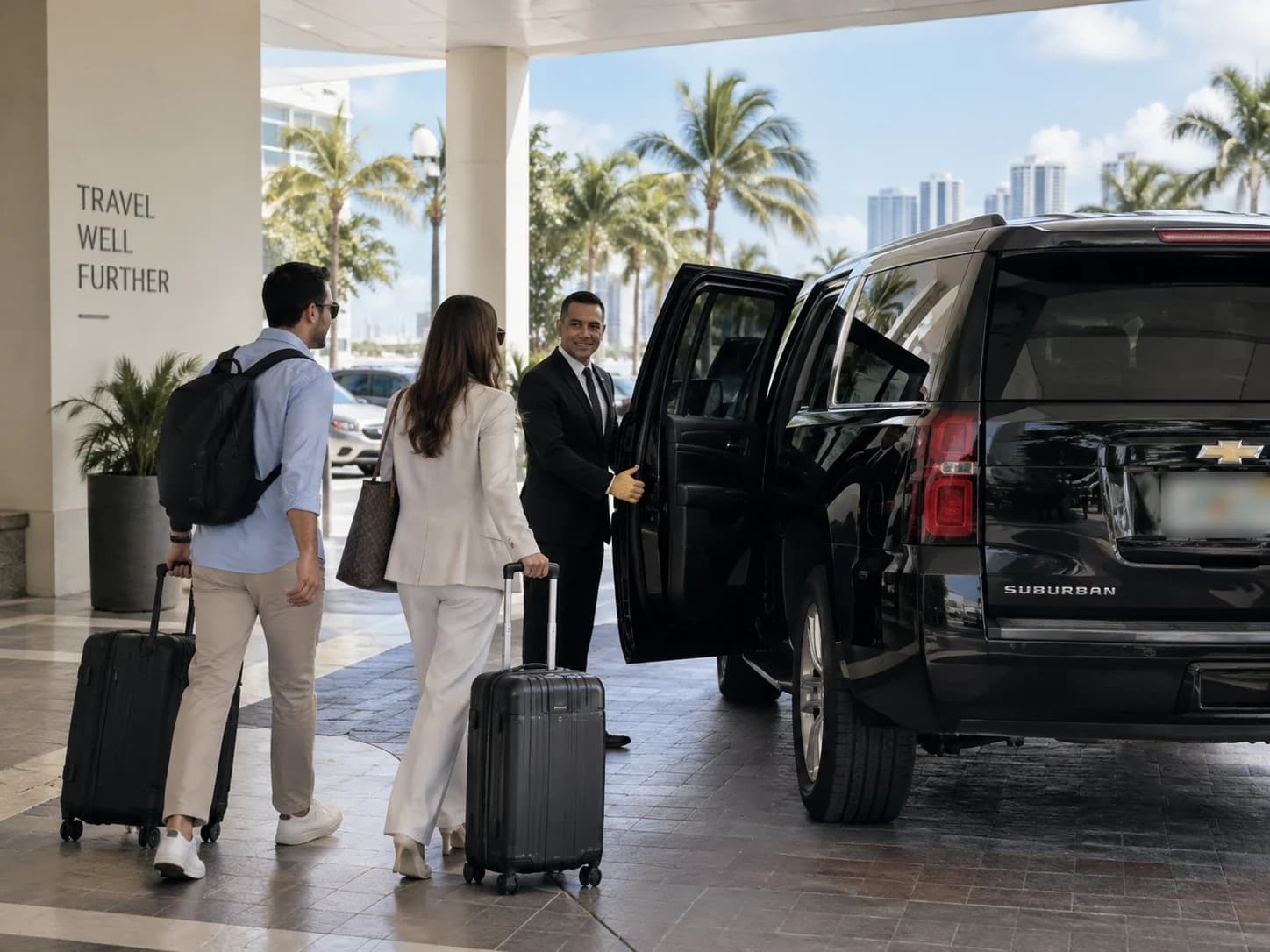 Chauffeur opening the door of a black Chevrolet Suburban for hotel guests
